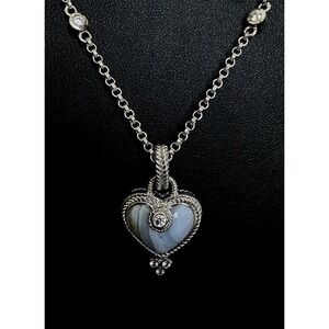 Judith Ripka Sterling Silver 925 Blue Lace Agate Heart CZ Station Necklace 18"